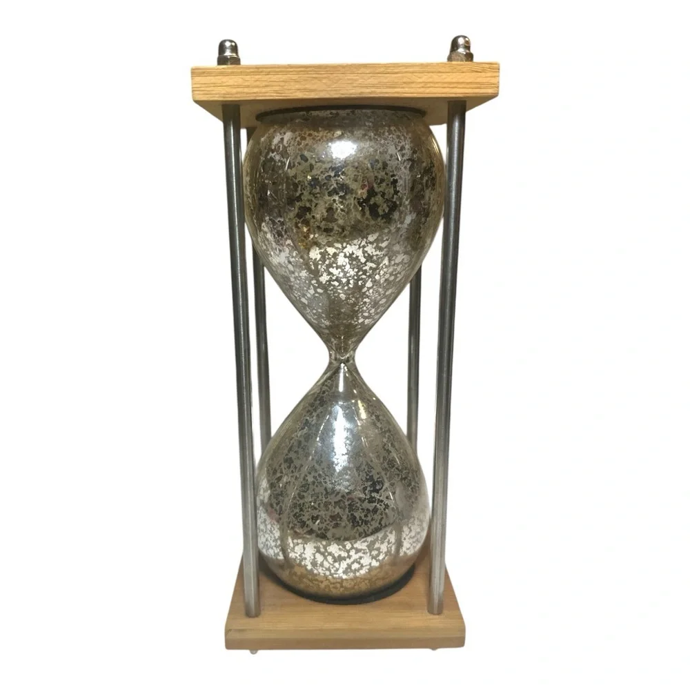 Vintage Decorative Hourglass Timer w/ Silver Mercury Glass Finish & Wooden Base